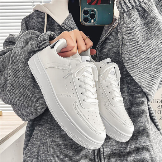 Xiaohuili Home Herrenschuhe Saison Sport, Nicht-Schlupf-Freizeit und vielseitige Leder weiße Schuhe Schülern Hochschwere Pure White Trendy Board Schuhe Männer Weiß 42