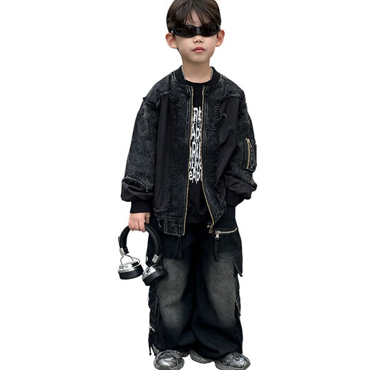 G.DUCKKIDS男童春秋款工装外套2025新款儿童痞帅运动连帽衫男孩时髦春季穿搭 HY2575款牛仔毛边拼接外套黑色 120 尺码5~6岁 【110-120cm】
