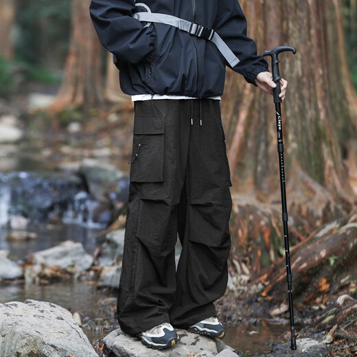 Swamp -Gebiet Fallschirmjäger Ladehose Herren Frühling und Sommer Dünne Falten -Wanderhosen Gerade Sport und ungezwungene Eisseide WS701 Schwarz S