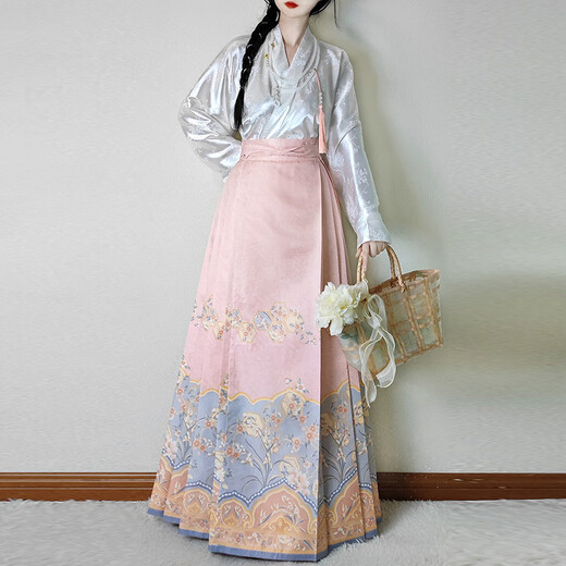 
Fei Liyue [3894 people collect] Han Qingci original flower-wrapped new Chinese style horse-face skirt cross-neck airplane sleeve daily Ming-made Chinese single pink horse-face skirt XL
