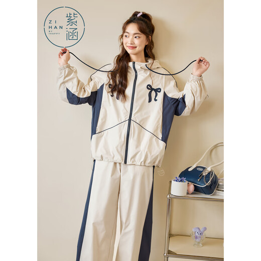 Zihan (ZIHAN) Zihan Bow Contrast Color Splicing Hooded Jacket Wide Leg Casual Pants Two-piece Suit Women's 2025 Spring New Beige XS