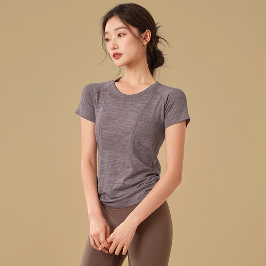 LULUUVTTOH Round Neck Slim Yoga Wear Women's Sports Top Slimming Breathable Running Quick-Drying Fitness Pilates Short Sleeve Haiyueyan M