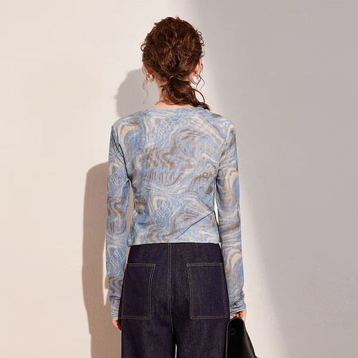 Bailuyu Spring and Autumn Round Neck Printed T-shirt Temperament Slightly Elastic Slim Long Sleeve Bottoming Shirt Women Blue L