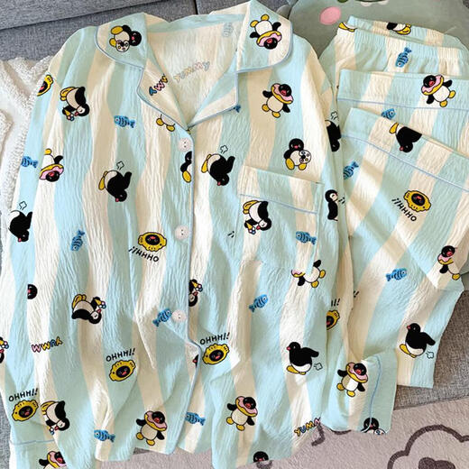 惠奴比2025年新款企鹅睡衣女长袖长裤春秋款ins日系可爱卡通家居服夏季 3524#皱布双长企鹅 y23 M 75-100斤