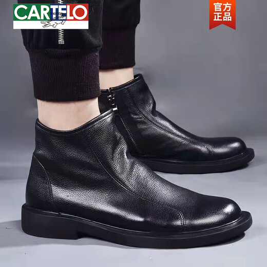CARTELO Winter Men's Shoes Leather Shoes Chelsea Boots Men's High Top Casual Shoes Winter Plus Fleece Warm Boots Leather Martin Boots Cotton Shoes Black 42