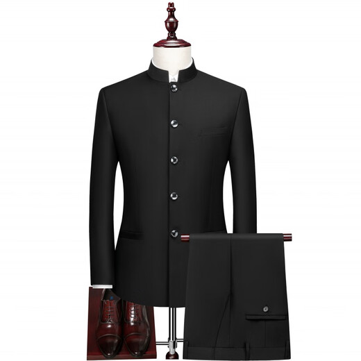 ROMON Chinese tunic suit suit men's youth Chinese stand collar suit men's Chinese wedding dress Chinese style Tang suit Chinese stand collar black single top L 175 weight 125-135 Jin Jin equals 0.5 kg