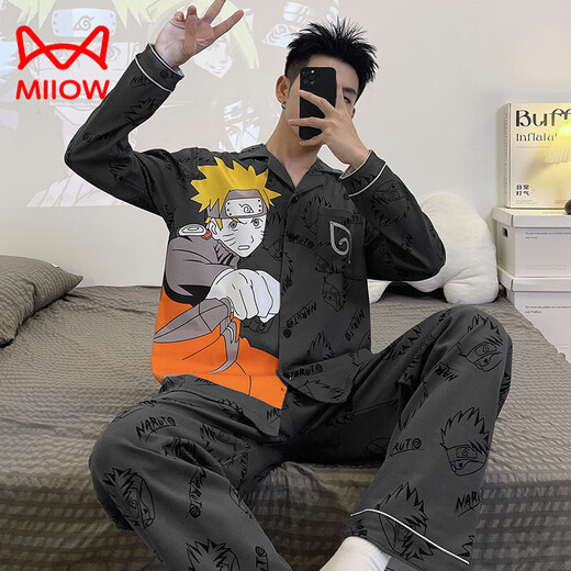 Cat Man (MiiOW) Pure Cotton Men's Pajamas Spring and Autumn Teenagers Cartoon Student Cardigan Large Size Men's Long Sleeve Trousers Home Clothing 9901 (Long Sleeve Cardigan) L