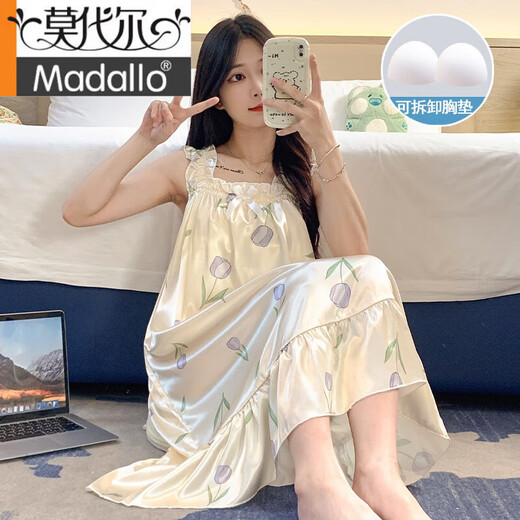 莫代尔睡裙女夏自带胸垫桑蚕丝凉感吊带睡衣夏天女士甜美可爱家居服春秋 3887【不可拆胸垫】 M 【75-100斤】