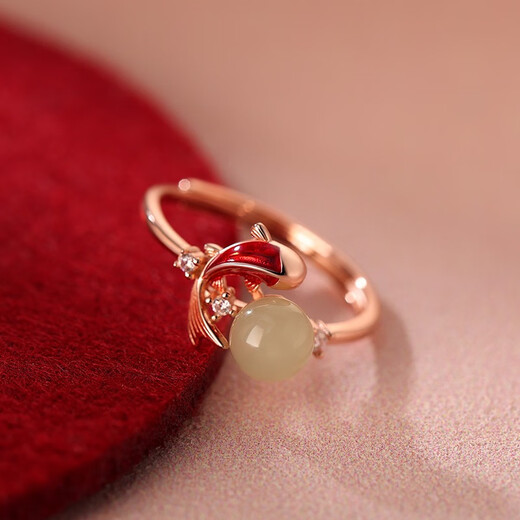 Su Shiliu Hotan jade koi ring for women 925 silver light luxury index finger ring open ring birthday gift for girlfriend and wife 925 silver jade koi ring adjustable