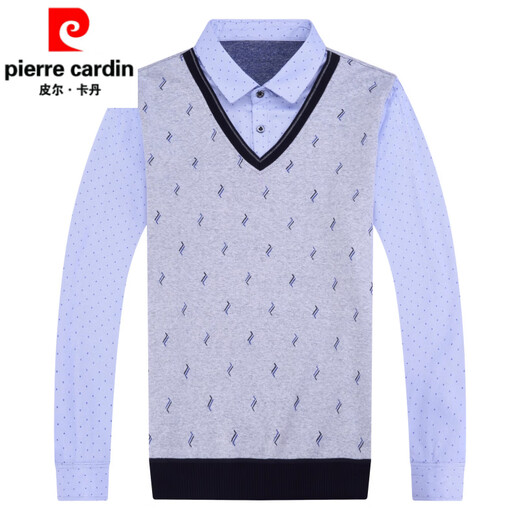皮尔卡丹（pierre cardin）2025新款男士纯棉假两件衬衫加绒加厚春秋季保暖上衣 3879蓝色 M 165