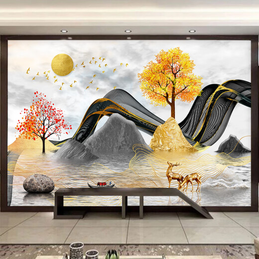 山头林村新中式山水画墙纸自粘麋鹿风景画贴画墙贴客厅沙发背景墙装饰壁画 QT-679 超大宽00*高00-张拼接