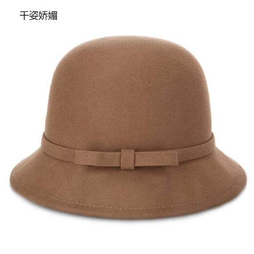 Qianzi charming felt hat women's 2025 autumn and winter woolen hat outdoor pure wool spring and autumn basin hat for women, dark khaki color, one size 56-58cm