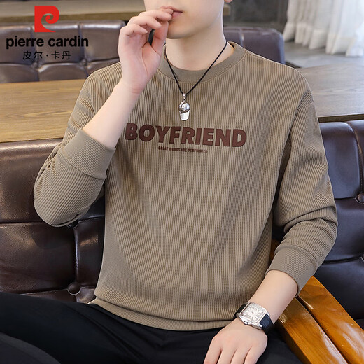 Pierre Cardin sweatshirt men's spring and autumn embroidered heavyweight long-sleeved T-shirt trendy casual bottoming shirt men's tops Khaki 2XL