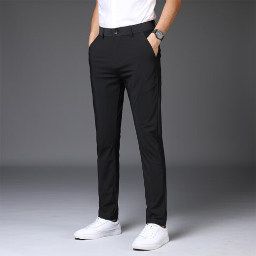 Jiangong International Marke Ice Seiden Casual Hosen Herren Frühling und Sommer dünne Herrenhosen Schnelltrockne No-Lösungs-Elastizität, schlanker, kleiner Fuß langer Hosen High-End 1098-Black Neun-Punkte (Spot Speed) 28