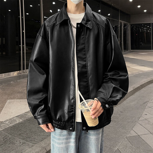 SWAMP AREA leather solid color men's autumn and winter hip-hop jacket top American retro motorcycle style jacket SWC99 black 2XL