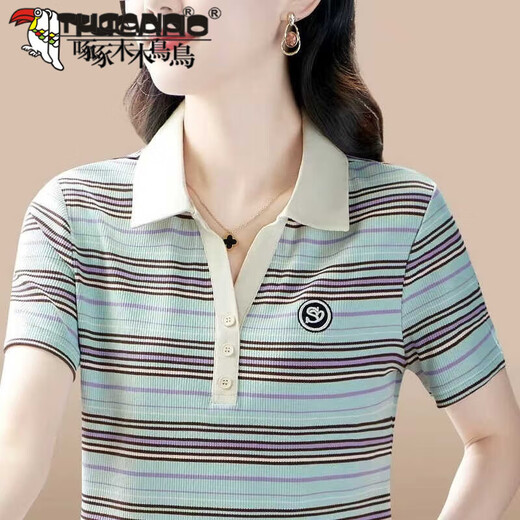 酷章（KUZHANG）鸟条纹短袖纯棉T恤女翻领polp领中年妈m妈夏季薄款透气时尚百搭宽 9926-粉色 M