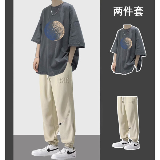 VZVG夏季潮流套装男短袖T恤痞帅气搭配束脚休闲裤学生两件套韩版男装 【2件装】T51棉T恤灰色+838裤杏 L