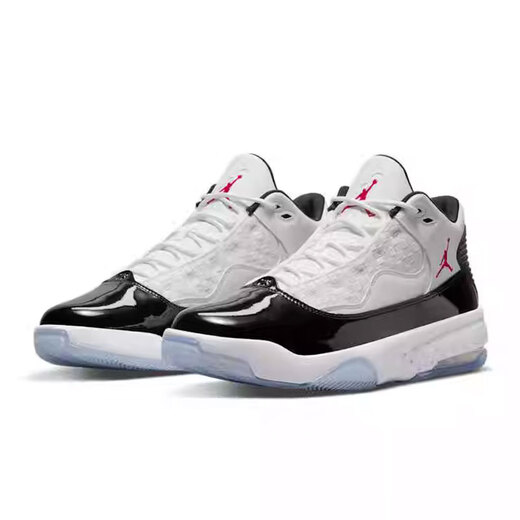 Nike (Nike) Chaussures masculines 2025 Printemps et automne New Jordan Max Aura 2 Mentiage de basket-ball pour hommes Sports et chaussures décontractées CK6636-102 Cuir breveté blanc et noir 40