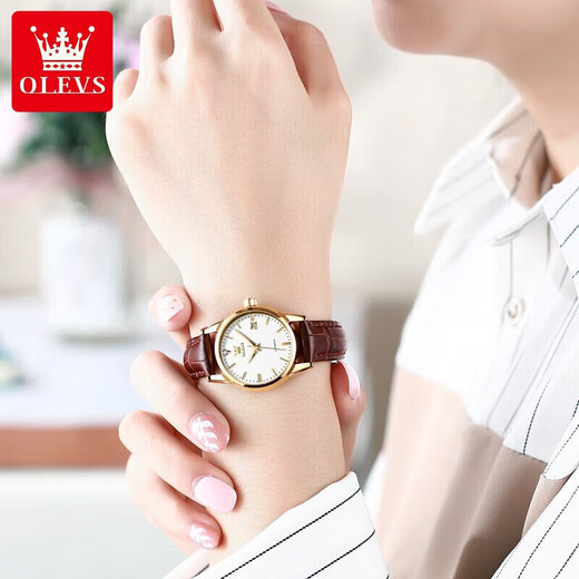 Olevs Marca Matrícula Mujer Mecánica Matrimonio Simple Watch Women's Womenus Luminoso Hollow Diamond Fashion Watry's Watch Olevs-6629 Surfán de cuero marrón mujer de cuero marrón
