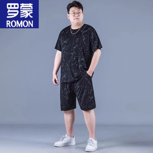 Romon Ice Silk Sports Costume Summer Men's grande taille mince à style homme à séchage rapide Pantalon à cinq points Fat plus gras plus manches courtes lâches Z826 Black High Quality Silk Suit xl Recommandé 130-140jin [Jin est égal à 0,5 kg]