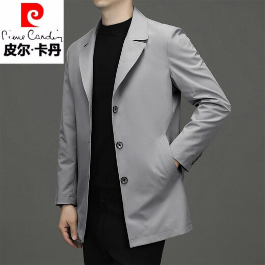 Pierre Cardin 2025 Spring and Autumn New Windbreaker Men's Mid-Length Business Casual Suit Collar Thin Jacket Spring and Autumn Men's Coat Black L Recommended 110-130 Jin Jin equals 0.5 kg
