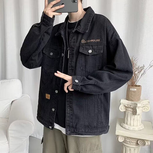 YOOOURTHING牛仔夹克外套男春秋新款炸街上衣韩版潮流休闲棒球服宽松休闲男装 黑色 L 建议120-135斤