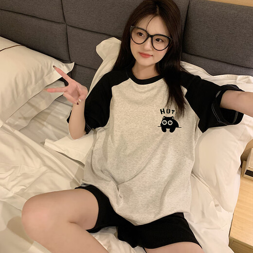 Xiangyaxin Pyjamas für Frauen im Sommer Pure Cotton Shorts 2025 neuer Stil für Outdoor Wear Student Lässiger Internet -Promi -Style -Kleidungsanzug 719 Plaid Katze L.