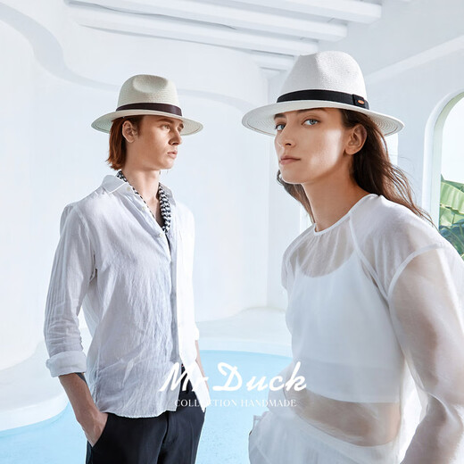 Mr DUCK秀场同款 纯手工编织防晒草帽 白色巴拿马帽 男女礼帽 大檐遮阳帽 MS186109-米白色 （经典款大边） M（适合56-58cm头围）