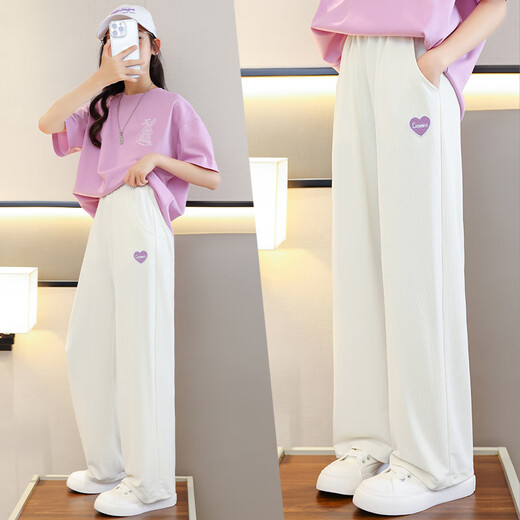 Yoyo one (Yoyo one) girls summer pants thin style girls large children ice silk wide-leg pants summer clothes children 2025 new girls mosquito-proof trousers 15025 meters white + 9928 purple [set] 140 140cm