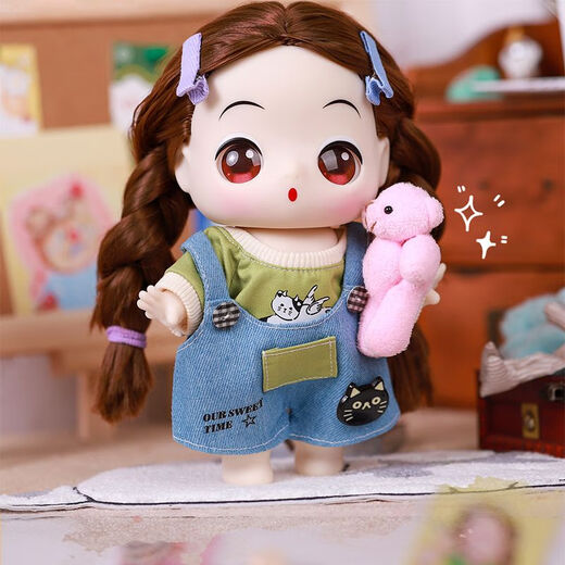 Marshmallow doll dress up and make-up children's DIY handmade house play house toys girls birthday gift brown hair makeup cotton doll [cuihua skirt + puffy yarn] gift box