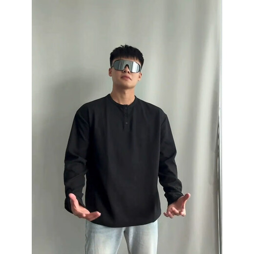 Digada cleanfit Henry neck long-sleeved T-shirt for men's spring and autumn summer new sweatshirt waffle American base shirt T-shirt CQS-1381 black plush style XL