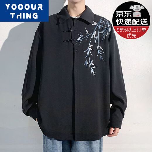 YOOOURTHING New Chinese style bamboo embroidered long-sleeved shirt for men in spring and autumn trendy brand loose casual large size shirt jacket white XL (recommended 115-140Jin [Jin equals 0.5 kg])