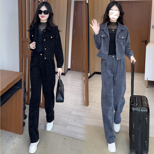 戏狐时尚运动服套装女2025春秋新款网红小个子短外套阔腿裤两件套 6198#黑色春秋款 M  建议100斤内