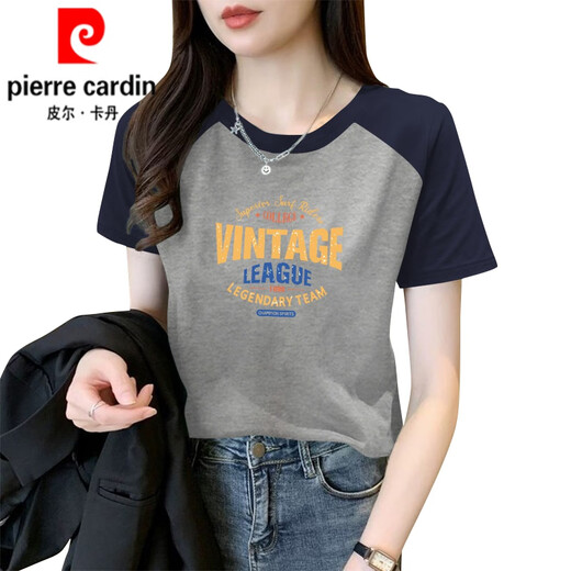 Pierre Cardin Kurzärmeliges T-Shirt für Frauen 2025 Neue Sommer Raboss Sleeve reines Baumwoll einzigartiges modisches Slim Top Design 1476 Blumengrau/Prince Blue Raboss Kurzärärmelte (schwarzer Druck M 100-115jin [Jin gleich 0,5 kg]