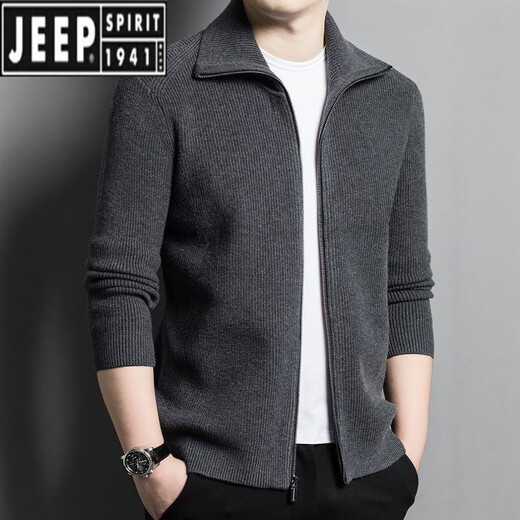 Jeep Spirit Chaqueta de cárdigán de punto para hombres Autumn y de invierno suéter de solapa mediana de espesor chino y británico sétero de cremallera completa gris oscuro 3xl [170-190]
