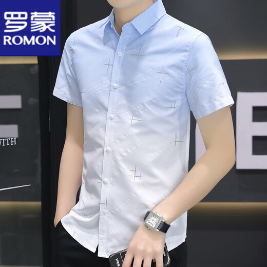 
ROMON men's ice silk short-sleeved shirt summer ultra-thin gradient color casual shirt half-sleeved square neck inch shirt versatile and handsome 844 khaki 2XL