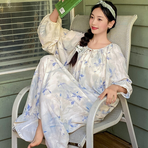 Shuo Gu Jin (SHUO GU JIN) new sweet long-sleeved nightgown for women, cute pajamas for women, spring and autumn, home clothes dress with chest pad ins style AM-13063 [with chest pad] (80-100Jin [Jin equals 0.5 kg]) M