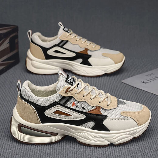 纶戛男鞋春夏季2025新款男士透气网面厚底运动鞋青少年休闲老爹鞋子男 RF-F736米色 41