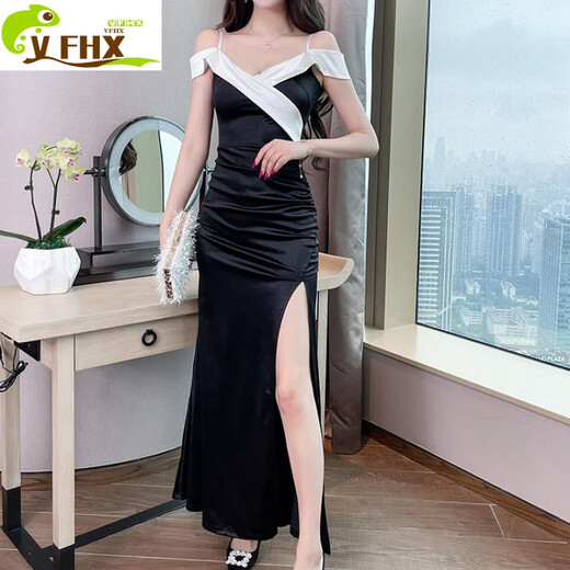 VFHX晚礼服性感吊带连衣裙一字肩气质夜场长款柔式spa足浴技师工作服 白色 13582 S 建议80-90斤