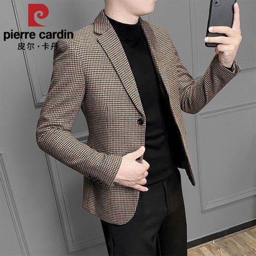 皮尔卡丹（pierre cardin）2025春秋男士西服外套韩版潮流休闲长款修身痞帅格子毛呢西装 咖色[2023/新款/外套/夹克/男装 62 XL[建议130-150斤]