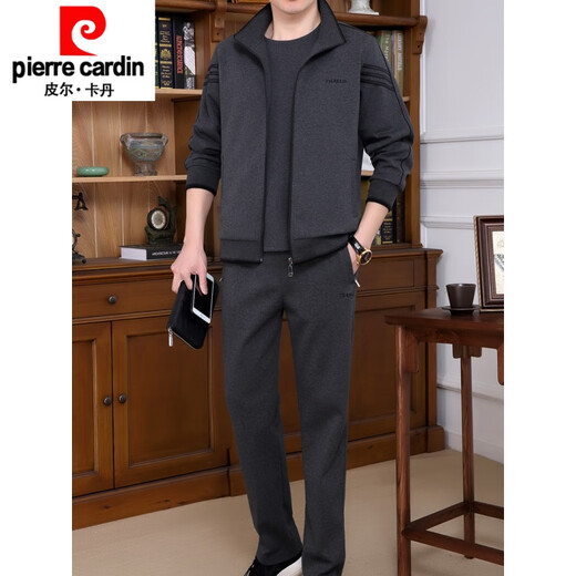 Pierre cardin high quality thickened casual suit men's spring, autumn and winter new style daddy jacket large size middle-aged and elderly sportswear three-piece set Y9905 dark gray [coat pants] [suitable for weight 120-140 Jin [Jin equals 0.5 kg]] XL
