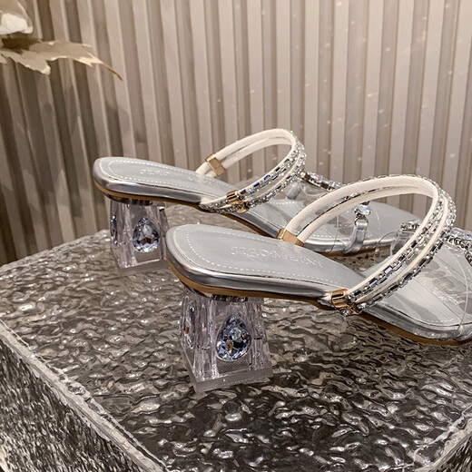 High-heeled rhinestone sandals for women in summer wear transparent one-length striped crystal heels two-size sandals silver (Rongda/KO1) 37