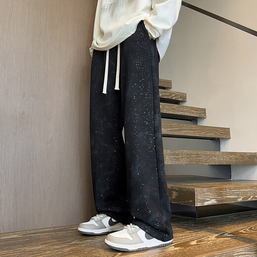 
IZEXX Star High Street Casual Pants Men's Spring and Summer Wide Legs Draped Loose Trendy Brand Straight Long Pants IZ27 Flower Bottom Black L