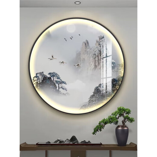 New Chinese style round lamp painting entrance hall study background decorative painting ink landscape artistic conception landscape tea room round hanging painting H style embraces all rivers, diameter 70, no lamp style