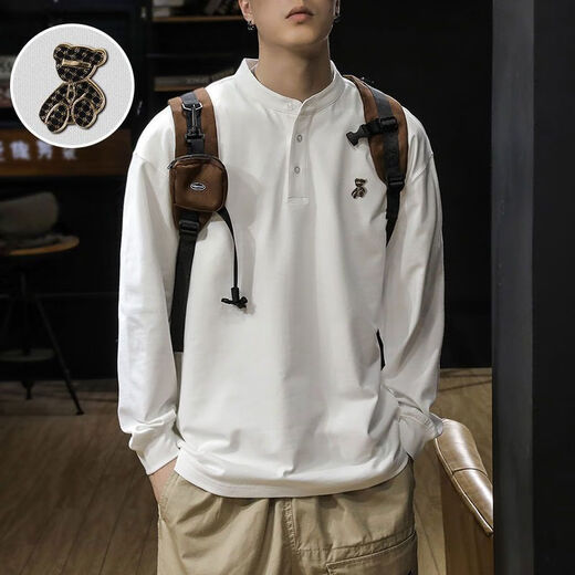 Yingtang Autumn Henry Collar Long Sleeve T-Shirt Men's Plus Velvet Large Size POLO Bottoming Shirt Spring and Autumn Men's Sweater White Autumn Style Regular M Recommendation-115Jin Jin is equal to 0.5kg