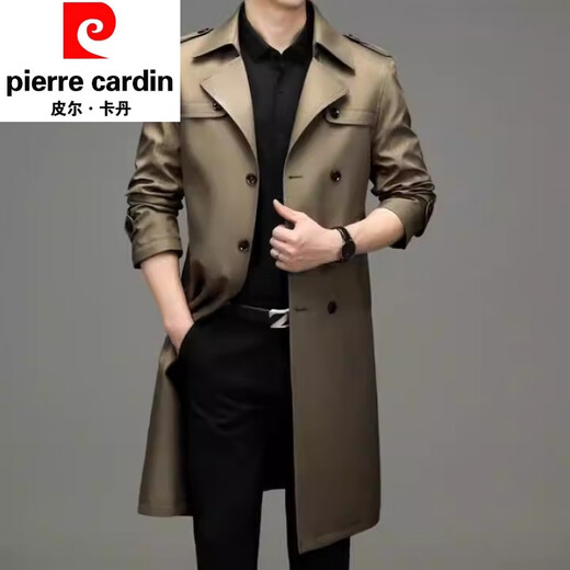 Pierre Cardin mid-length windbreaker men's spring and autumn business casual over-the-knee men's coat jacket double-breasted temperament large size trendy camel. XL