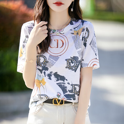 HMRSV Mulberry Silk Kurzärärmelte T-Shirt für Frauen 2025 Sommer Neues lässiges und modisches Design Cooles Gefühl MA Familie gedruckt Top Trend D Familie gedruckt 838 L