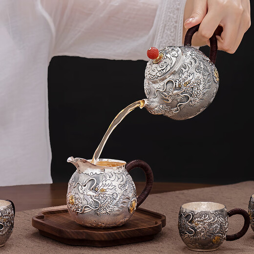 Silver Age Silver Tea Set 999 Pure Silver Set Tenglong Spit Pearl Gift Seiko Embossed Pure Silver Tea Set 1 Pot 3 Cups Approximately 544 Grams