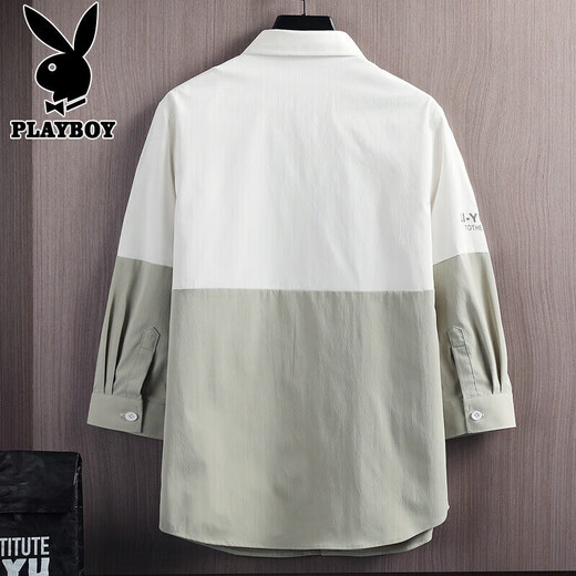 Playboy (Playboy) Shirt Herren viertelärmeliger Sommer-Herren-Kurzärmel-Hemd Herren Ice Silk Casual Lose Männerjacke weiß und grün xl