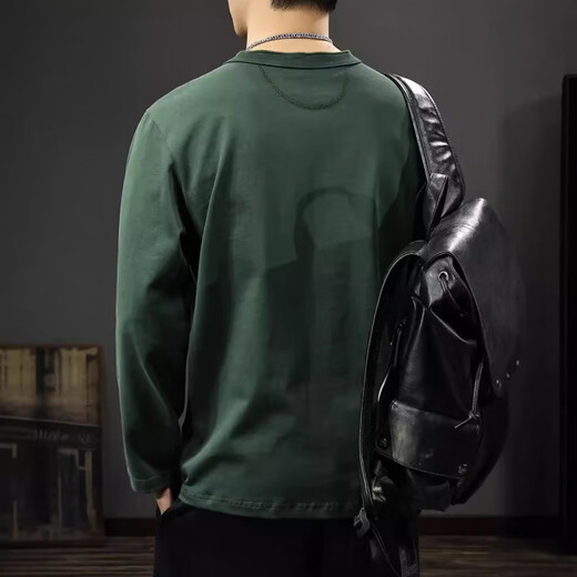 MAGIOPY luxury high-end brand men's spring and autumn new heavy cotton Henry collar long-sleeved T-shirt men's loose large size bottoming shirt Army Green M 100 120Jin Jin is equal to 0.5 kg